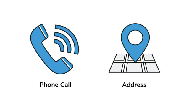 Vector illustration of Orange phone and map pin icons with phone call and address labels on white background