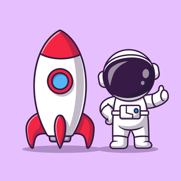 Cute Astronaut With Rocket Cartoon