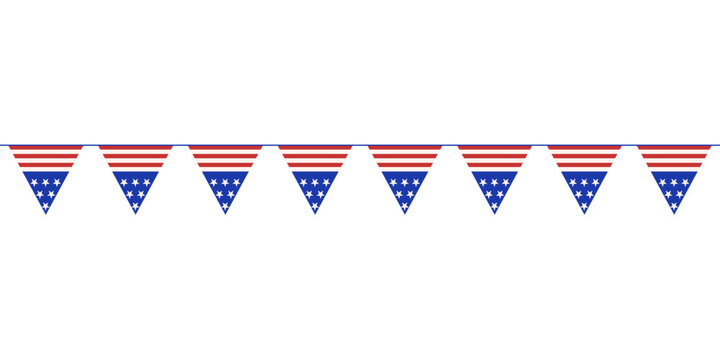 Vector illustration of triangle holiday Ribbon seamless border in color of America flag isolated transparent background. Perfect Ribbon for 4th of jully banner poster cover design. EPS 10
