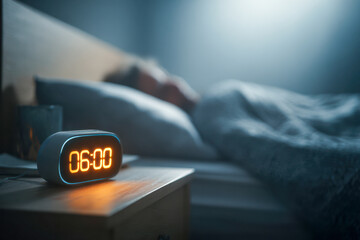Digital alarm clock glowing six o'clock on a bedside table with person peacefully sleeping under blanket in dimly lit bedroom atmosphere