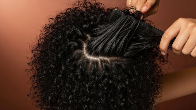 Densely coiled black 4c curls receive gentle detangling treatment, showcasing wet, gleaming strands in a stunning studio macro portrait