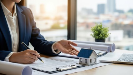 Female real estate broker advises on building project details, signing purchase contracts and discussing mortgage loans for home investment opportunities