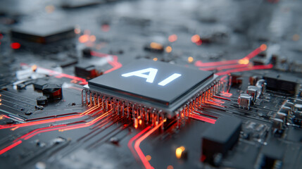Futuristic glowing microchip labeled with ai at the center of an advanced circuit board with illuminated red pathways and electronic components in a high-tech enviro