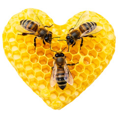 Three bees on a heart shaped honeycomb isolated on a transparent background, sweet love
