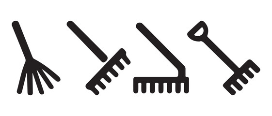 Rake Silhouette Icons. Fan, Garden, and Bow Rake Designs for Landscaping and Gardening Tools.