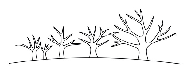 Minimalist line drawing of bare trees in varying sizes standing on a gentle slope, perfect for nature themes and seasonal concepts