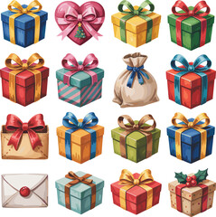Colorful gift box collection vector illustration featuring wrapped presents bows ribbons holiday celebration icons isolated white background festive design