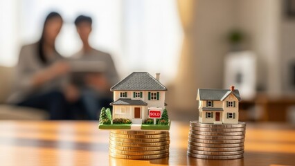 Miniature residential houses perched on stacked coins illustrate mortgage loans, home equity, and first-time buyer investment dreams for a blurred couple's future