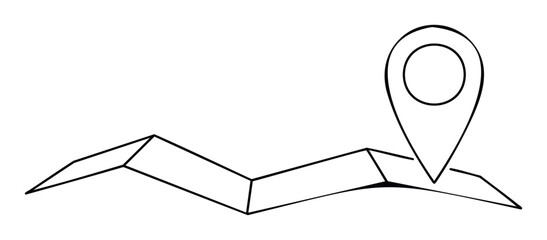 Simple line drawing of a folded map with a location pin indicating a destination, perfect for travel planning and navigation themes.