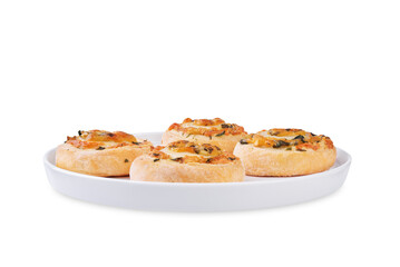 Basil garlic cheese roll cake pinwheel in a plate on a white isolated background
