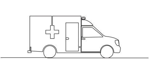 Ambulance vehicle in continuous line art drawing style. Emergency ambulance van with Red Cross symbol black linear, Ambulance car continuous one line drawing. Ambulance van single line art.