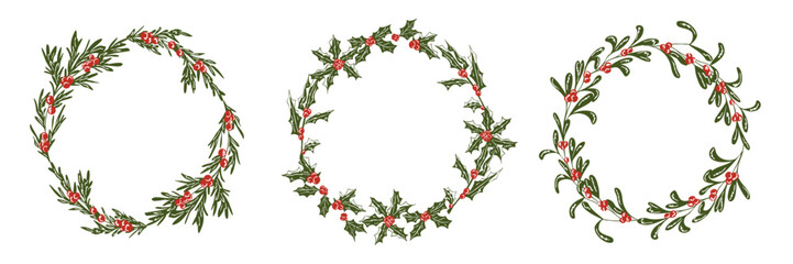 Whimsical Christmas wreath set with winter floral elements. Mistletoe, branches, berries circle frames. Vector hand drawn sketch illustration for seasonal greeting card, invitations with copy space