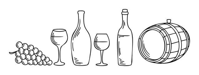 Line drawing set of wine bottle glasses grapes and barrel for beverage advertisement and vineyard promotion