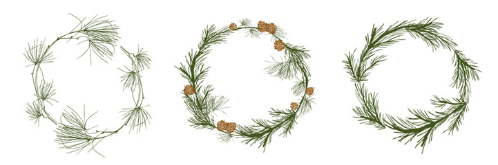 Christmas wreath set with fir tree branches and pine cones. Evergreen Christmas tree circle frames. Vector hand drawn sketch illustration for seasonal greeting card, invitations with copy space