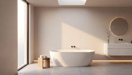 Serene modern bathroom bathed in warm golden hour sunlight with a freestanding bathtub and minimalist vanity featuring a round mirror and soft ambient lighting creating a tranquil spa-like atmosphere