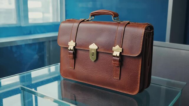 A vintage brown leather briefcase with a sturdy handle and buckles.