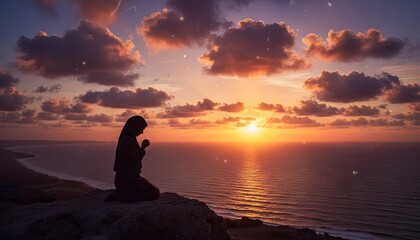 Pixelated Silhouette Of A Person Praying On Cliff Edge Overlooking Ocean At Sunset With Dramatic Clouds And Dappled Sunlight Reflection On Water