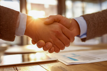 Business partners shaking hands over a wooden desk with financial documents and a tablet in a warmly lit office environment during a successful meeting