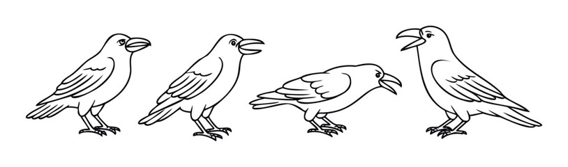 Fototapeta premium Group of four stylized birds in black outline, presented in various poses for use in graphic assets and communication materials.
