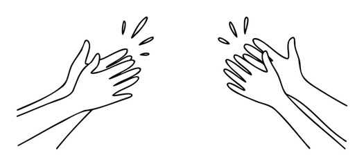 Simple hand drawn outlines of two pairs of clapping hands with sound lines signifying applause, perfect for celebrating achievements or showing appreciation in media projects.