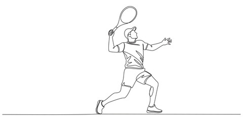 Tennis player with racket outline drawing illustration. one continuous line drawing of tennis player hit the ball, tennis player silhouette vector simple continuous one line drawing.