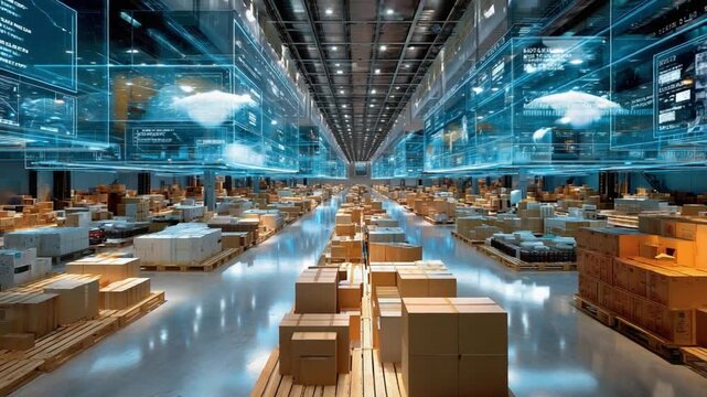 Warehouse Automation and Technology: An expansive warehouse environment showcases the cutting-edge fusion of automation and technology, depicting the future of logistics and supply chain management.