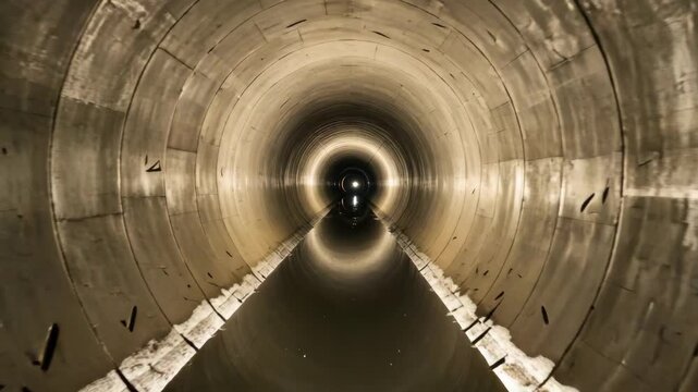 Dark concrete drainage tunnel with reflections of light on water. Abstract concept of infrastructure and underground system
