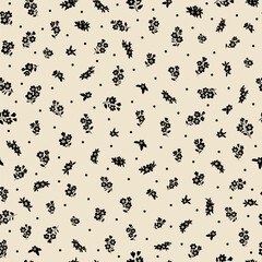 Floral liberty pattern with small black flowers field on a white background. Repeating ditsy doodle flower meadow background. Vector design for paper, cover, fabric, interior decor and other