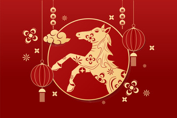 Happy Chinese new year 2026 , modern design set in red, gold and white colors , Year of the horse zodiac , Asia oriental traditional ornament, frame and border ,