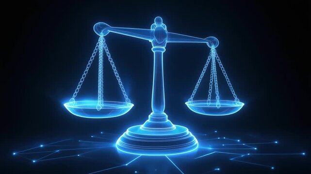 Digital Scale of Justice with Glowing Network Connections and Blue Light