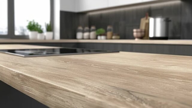 High-quality showcasing a sleek kitchen interior design featuring wooden countertops and stainless steel appliances. Perfect for architectural, design, and lifestyle stock collections.