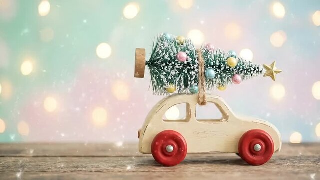 Whimsical holiday charm: Tiny wooden car adorned with festive Christmas tree and twinkling ornaments for magical winter wonderland vibes