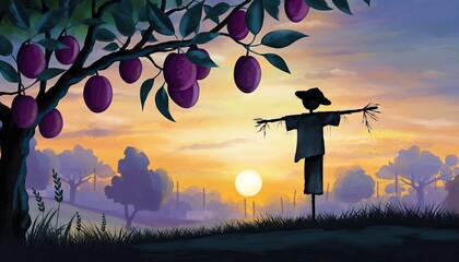 Pixel art illustration of a scarecrow standing in a field next to a plum tree during a vibrant sunset with purple fruit and hazy distant trees