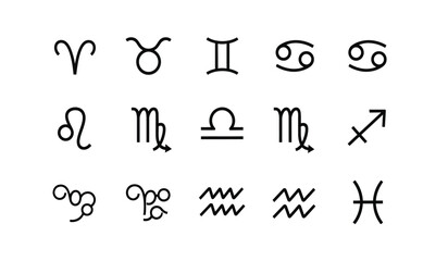 a collection of astrological symbols representing the twelve zodiac signs and planetary alignments in a simple black and white illustration high quality professional © ARSM D