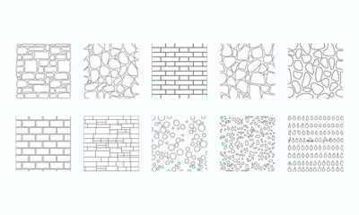 Landscape Architecture CAD Vector Patterns Set. Grass, Water, Stone, Wall, and Texture Elements