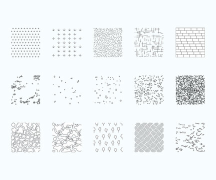 Landscape Architecture CAD Vector Patterns Set. Grass, Water, Stone, Wall, and Texture Elements