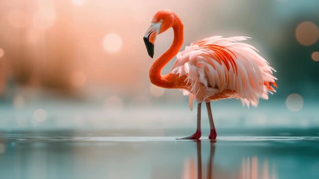 A single pink flamingo stands in a rain puddle with reflections of light around it.