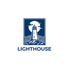 Nautical lighthouse vector emblem on rocky shore with moon and waves, dark blue and white illustration