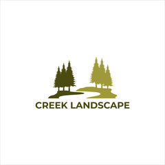 Modern vector logo featuring stylized green evergreen trees and a winding creek, symbolizing a natural landscape design