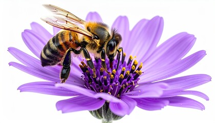 Bee pollinates a purple aster flower up close