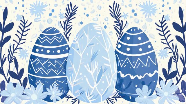 Print of three Easter eggs with floral and feather patterns in a blue and white color scheme on a beige background.