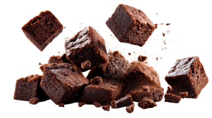 Exploding chocolate brownies flying in air, delicious baked dessert pieces scattering for sweet confection advertising and recipe inspiration