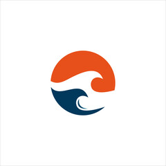 Stylized circular vector logo with viintimate apparelnt orange sun and dynamic blue ocean waves, modern graphic design element