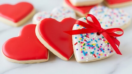 Heart shaped sugar cookies with red icing and sprinkles on marble surface