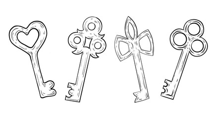 Vector set of key graphics. Illustration of vintage keys. Vector graphics, realistic black and white illustration, line drawing, ink. Design and typography.