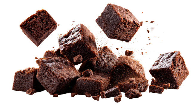 Exploding chocolate brownies flying in air, delicious baked dessert pieces scattering for sweet confection advertising and recipe inspiration