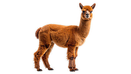Brown fluffy alpaca stands in full view with a dark background