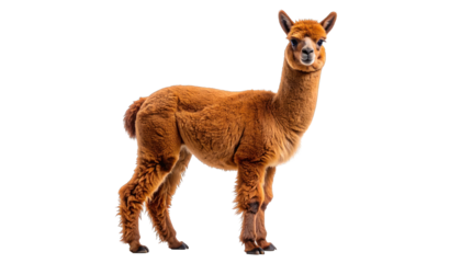 Brown fluffy alpaca stands in full view with a dark background