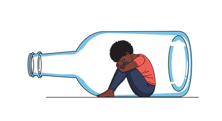 Person sits inside a glass bottle with knees drawn to the chest expressing loneliness and emotional strain as they confront isolation and urge to break free.