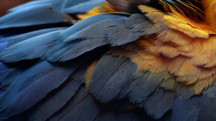Obraz premium Vivid blue and gold feathers create a stunning tapestry, showcasing intricate patterns and textures. This close-up reveals nature's artistry in a moment of quiet splendor
